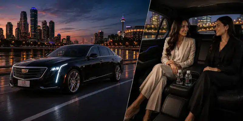 Luxury black Cadillac sedan with the official Lavish Ride logo on the front license plate beside two professionally dressed businesswomen relaxing in the rear cabin with branded water bottles during premium executive transportation.